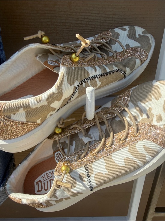 Hey Dude Shoes - Hey Dude NEW Festival Women's Tan Beige Camo Sneakers with Gold Glitter Trim 10